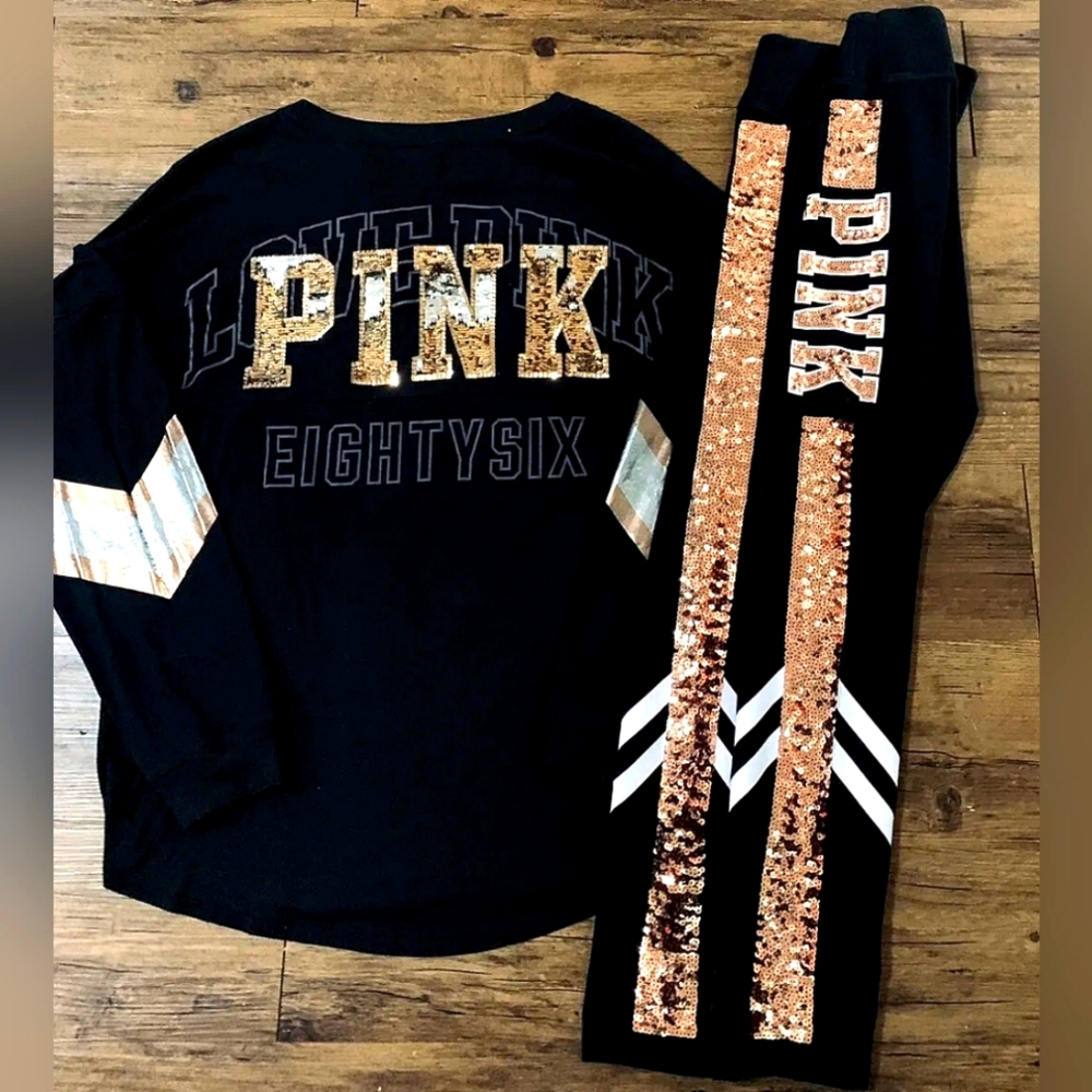 Victoria's Secret Pink Rose Gold Bling Sequin Set. L/XL.